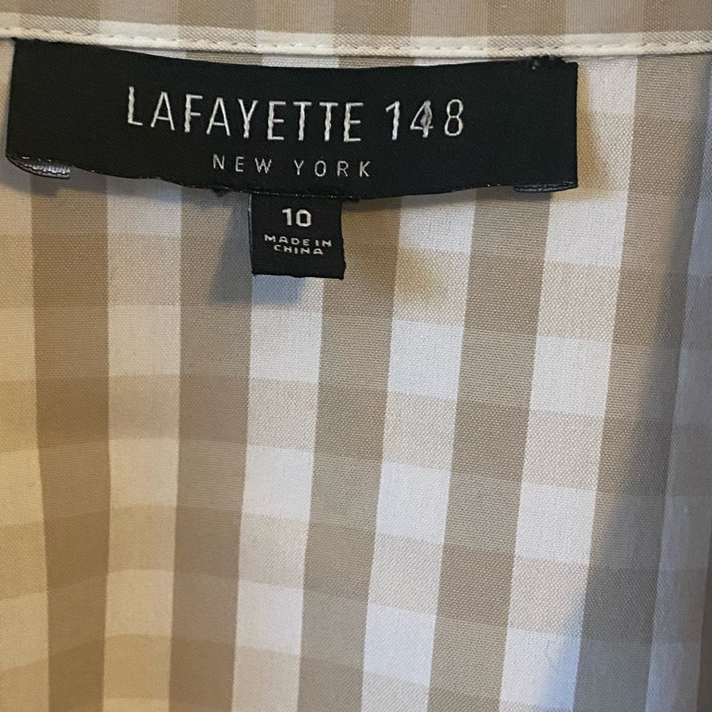 Lafayette 148 New York Beige Gingham Button Down Shirt - Picture 6 of 7